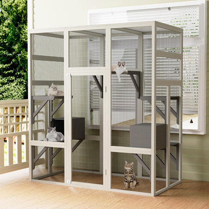 70'' Catio Outdoor Cat House, Cat Enclosure for Mulitiple Cats Large Walk in Catio with Waterproof Cover, Feral Cats Shelter with Platforms and 2 Resting Box