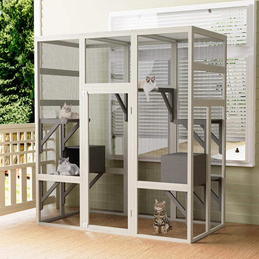 70'' Catio Outdoor Cat House, Cat Enclosure for Mulitiple Cats Large Walk in Catio with Waterproof Cover, Feral Cats Shelter with Platforms and 2 Resting Box