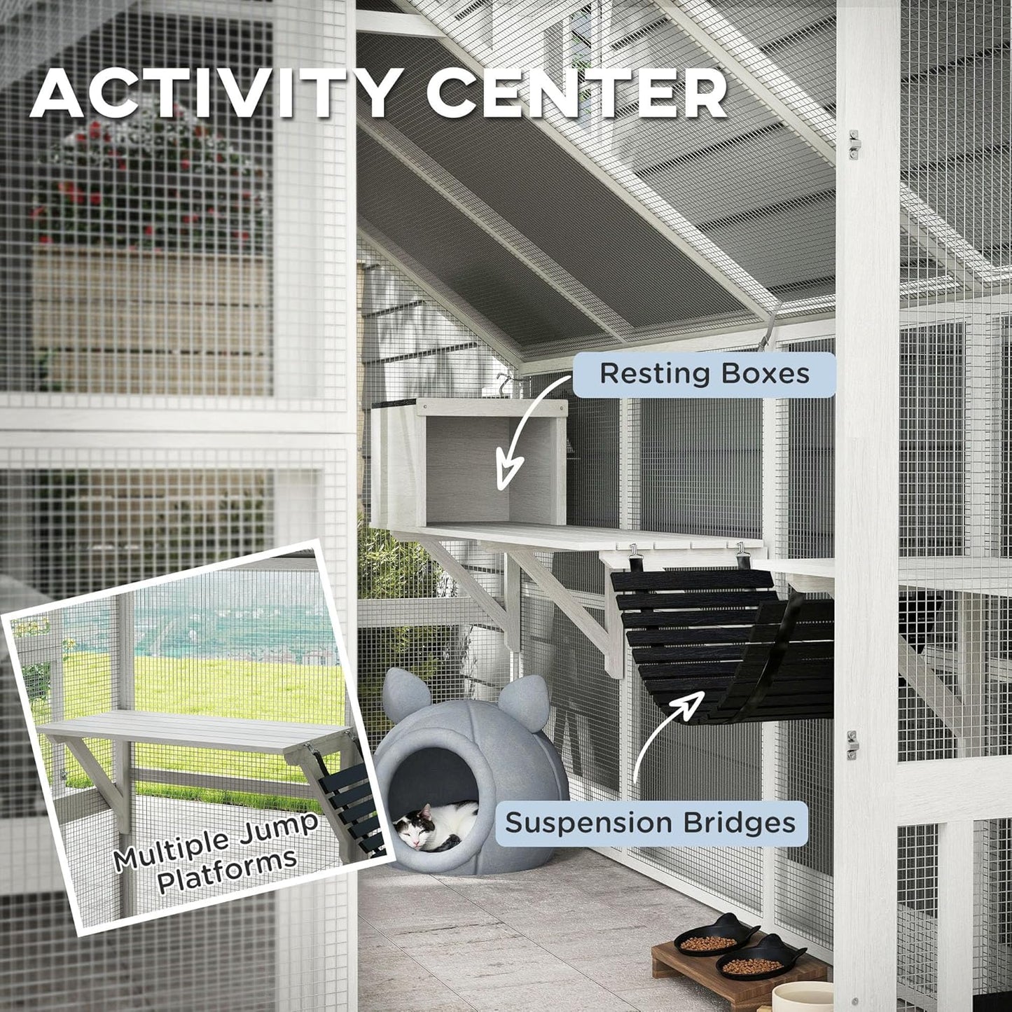 PawHut 110" L Large Catio Outdoor Cat Enclosure for Multiple Kittens, 56 sq.ft Wooden Cat House with Waterproof Cover, Walk in Kitty Cage Kennel with 2 Condos, 6 Platforms, Bridge, Doors, White