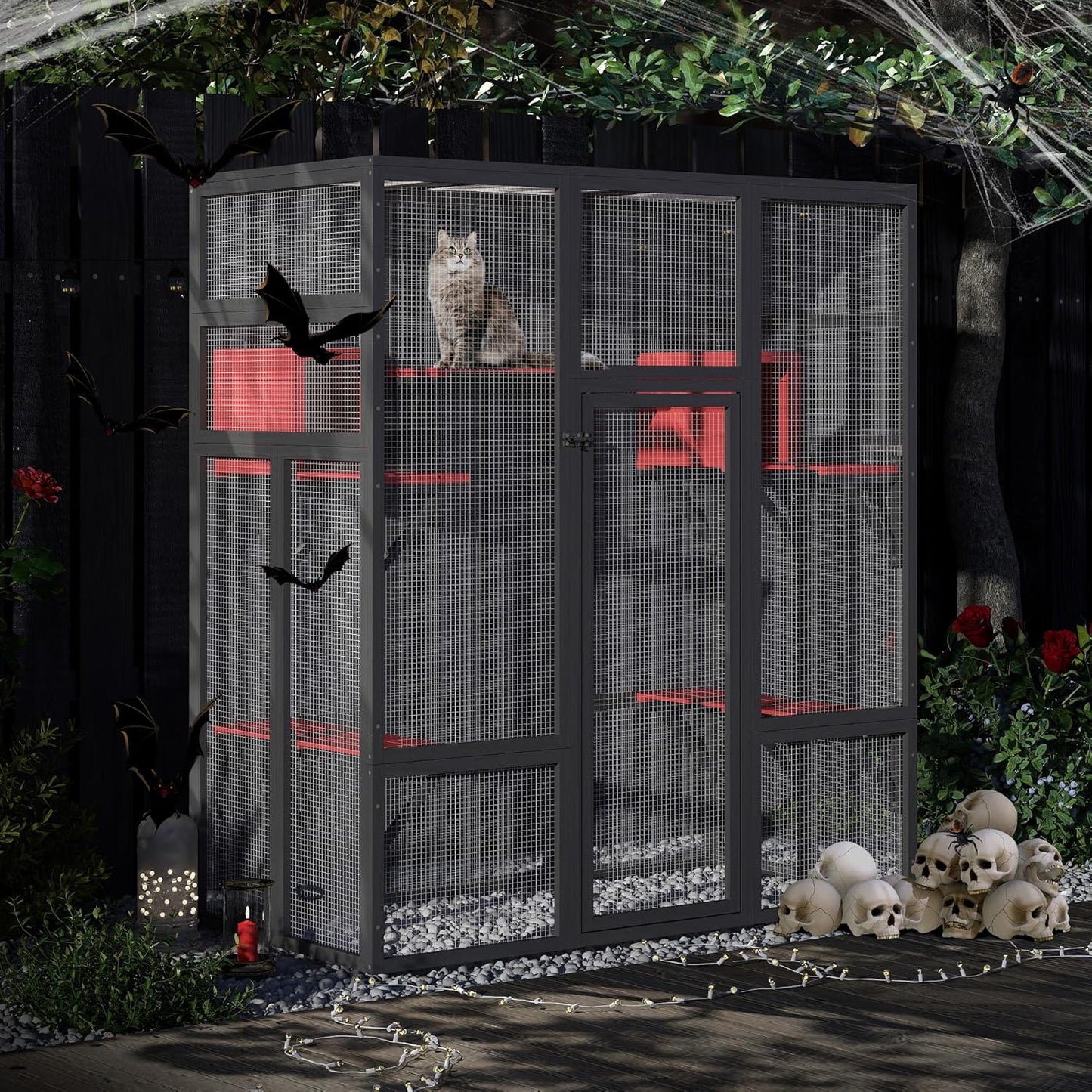 COZIWOW 70Inches Large Spacious Wooden Catio Outdoor Cat Enclosure with Perches and Condos, Cat Cage Indoor with Waterproof Roof, 7 Platforms & 2 Resting Box, UV Resistant (Gothic)