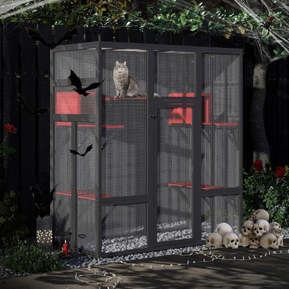 COZIWOW 70Inches Large Spacious Wooden Catio Outdoor Cat Enclosure with Perches and Condos, Cat Cage Indoor with Waterproof Roof, 7 Platforms & 2 Resting Box, UV Resistant (Gothic)