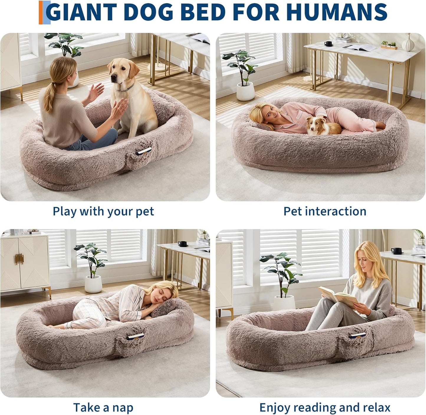 67 in x43 in x8 in Human Dog Bed for Adult & Pets, Faux Fur Removable Human Dogs Bed with Pillow, Portable Handle, Side Pocket, Egg Orthopedic Foam, Large Dog Beds for Bedroom Living Room Office Brown