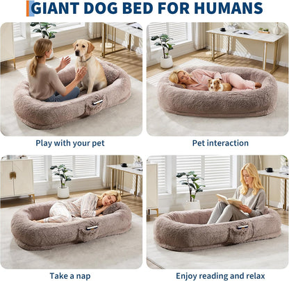 67 in x43 in x8 in Human Dog Bed for Adult & Pets, Faux Fur Removable Human Dogs Bed with Pillow, Portable Handle, Side Pocket, Egg Orthopedic Foam, Large Dog Beds for Bedroom Living Room Office Brown