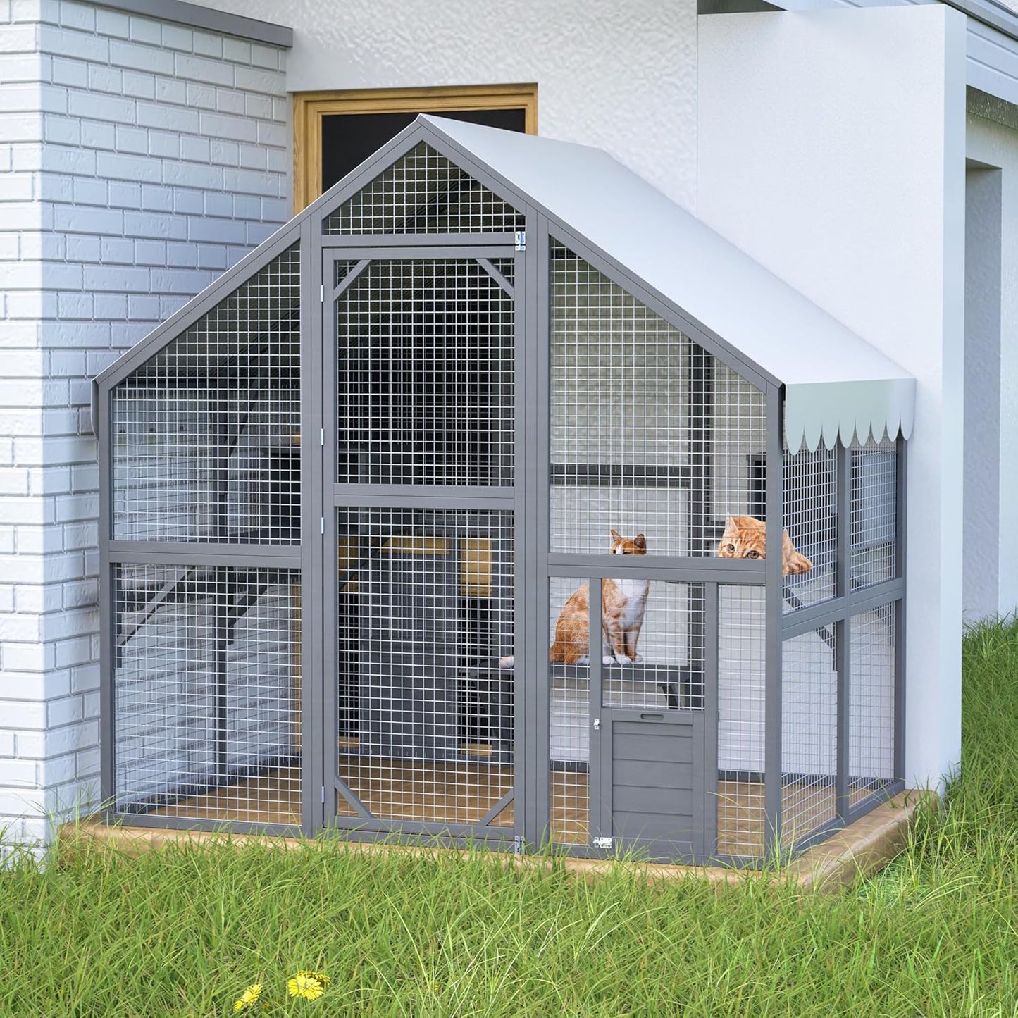 KEIKI 6x4.6 FT Wooden Large Cat House Outdoor Catio Kitty Enclosures with 2 Doors,Platforms,Resting Box,Peaked Roof