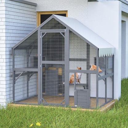KEIKI 6x4.6 FT Wooden Large Cat House Outdoor Catio Kitty Enclosures with 2 Doors,Platforms,Resting Box,Peaked Roof