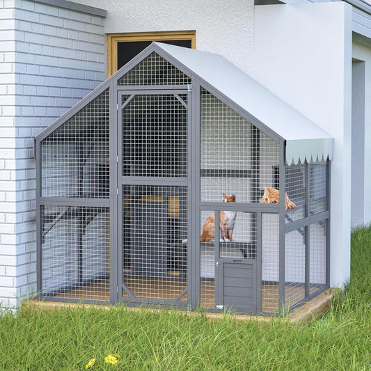 28ft² Large Outdoor Cat House, Luxury Wooden Walk-in Catio Enclosure with 2 Doors & 2 Hiding Houses, Escape-Proof Locks + Waterproof Roof - Customizable Multi-Cat Playpen (Gray)