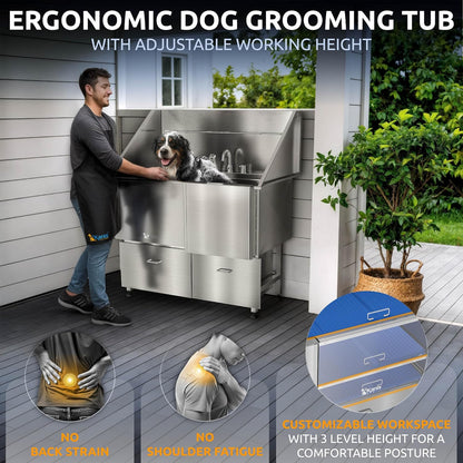 KANIS Professional Dog Washing Station - 304 Stainless Steel Pet Wash Sink & Grooming Bathtub w/Shower, Floor Grates and Storage for Large, Medium & Small Pets (50", 2 Drawers - Right Ramp)