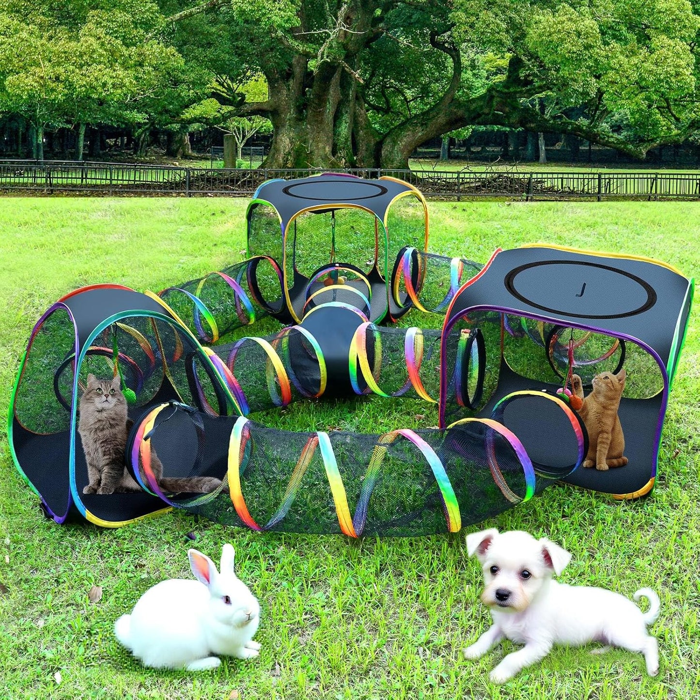 CypherX Outdoor Rainbow Cat Enclosure, 7 in 1 Portable Cat Tents for Outside Cage Free Outside Pet Enclosure Cat Tunnel Outdoor Playground for Indoor Cats and Small Animals