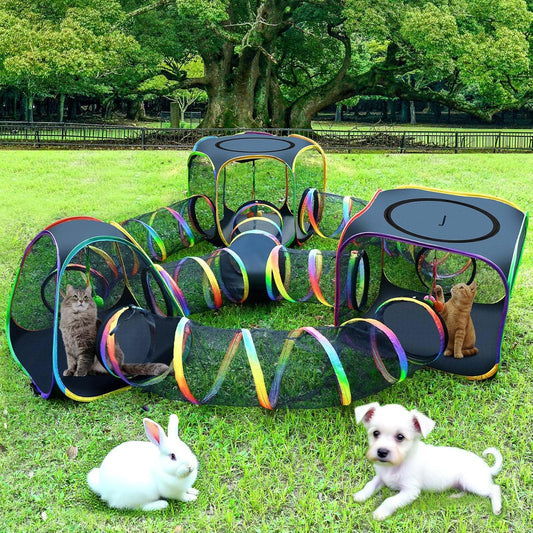 CypherX Outdoor Rainbow Cat Enclosure, 7 in 1 Portable Cat Tents for Outside Cage Free Outside Pet Enclosure Cat Tunnel Outdoor Playground for Indoor Cats and Small Animals