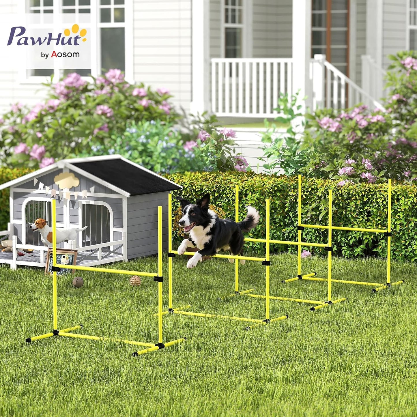 PawHut 4 Piece Dog Agility Training Equipment for Dog Agility Course with Adjustable Height Jump Bars, Included Carry Bag, & Displacing Top Bar, Yellow