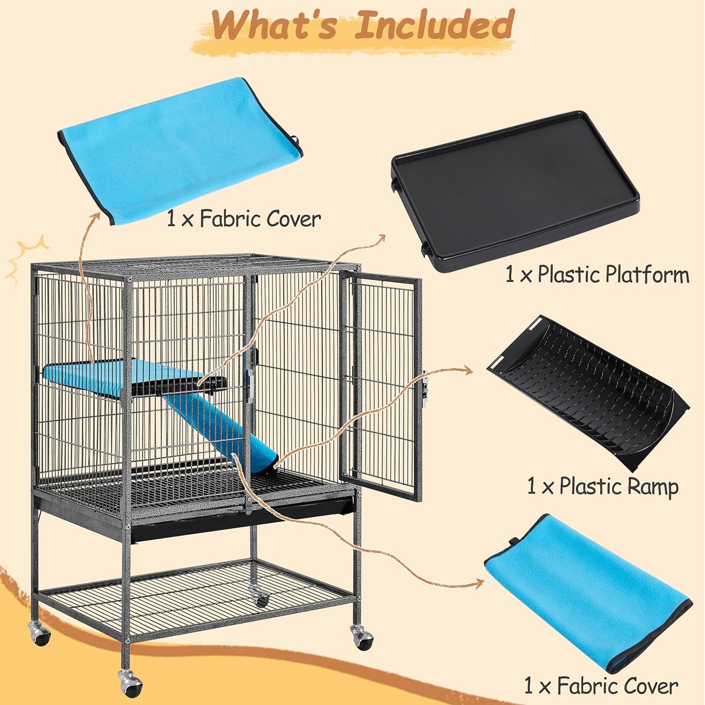 Yaheetech Metal Rolling Cage for Adult Rats/Ferrets/Chinchillas Small Animal Cage w/Removable Ramp & Platform Black