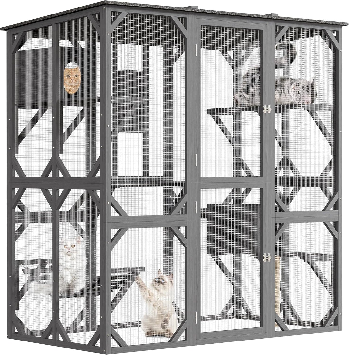 Large Walk-in Catio Outdoor, 70'' Wooden Window Access Cat Enclosure for Multiple Cats with Waterproof Roof, Feral Cat Shelter with Platforms, Hammock, Scratching Post and Rest Box Grey