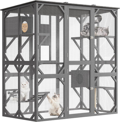 Large Walk-in Catio Outdoor, 70'' Wooden Window Access Cat Enclosure for Multiple Cats with Waterproof Roof, Feral Cat Shelter with Platforms, Hammock, Scratching Post and Rest Box Grey