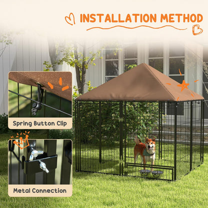 Dog Crate Furniture Style Outdoor Kennel with Canopy, 4.6' x 4.6' x 5' Large Dog Cage House Playpen Enclosure with Rotating Bowl, Durable Garden Playpen Fence Crate,Black