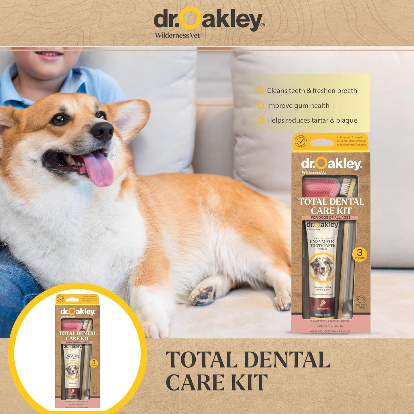 Dog Toothpaste Bacon Flavor Enzymatic Dental Kit with Toothbrush & Finger Brush Vet Recommended – 3-Piece Set