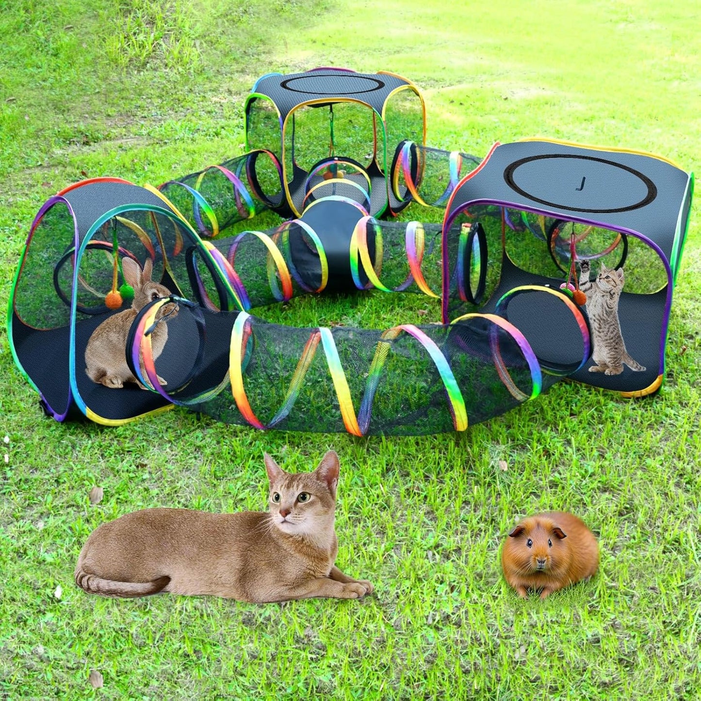 CypherX Outdoor Rainbow Cat Enclosure, 7 in 1 Portable Cat Tents for Outside Cage Free Outside Pet Enclosure Cat Tunnel Outdoor Playground for Indoor Cats and Small Animals