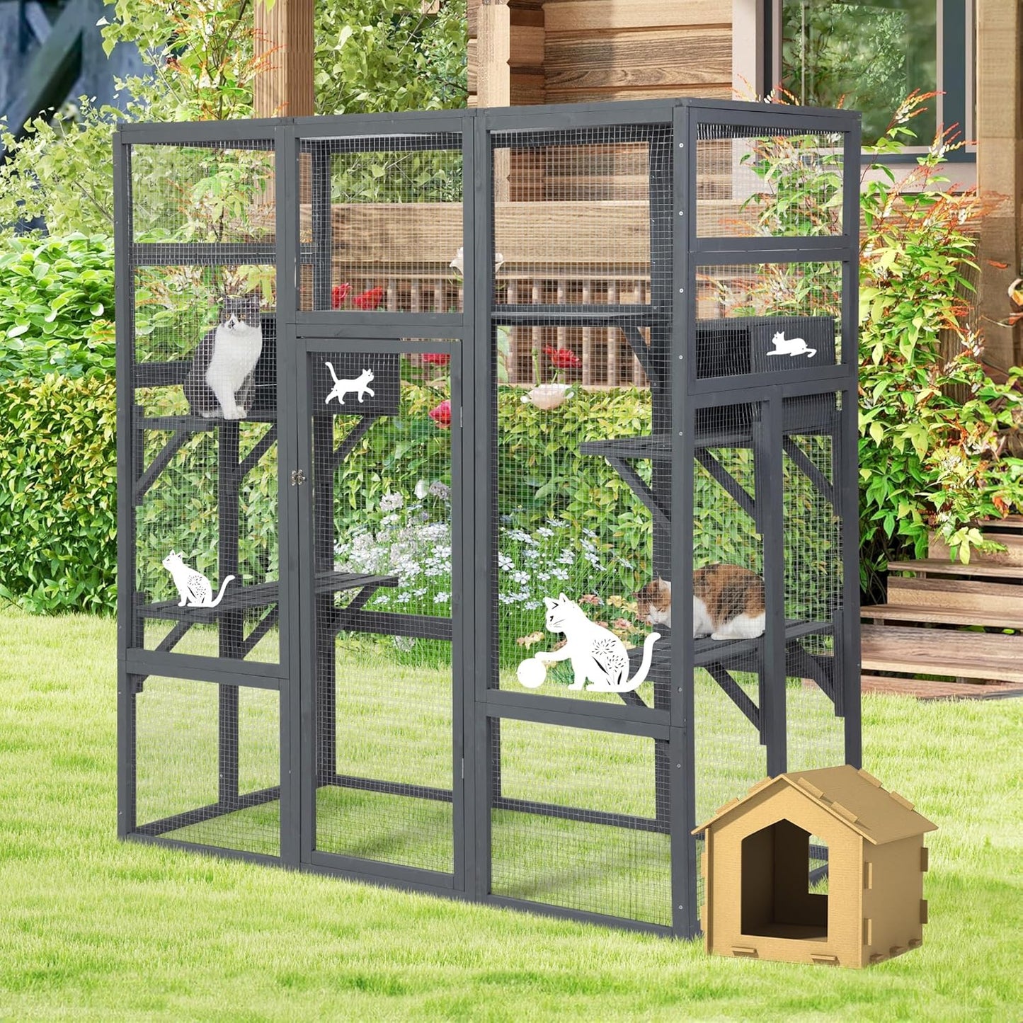 COZIWOW Large 70inches Outdoor Catio, Indoor Cat Cage House with Waterproof Roof, 5 Perches & 2 Condos, Spacious Wooden Cat Enclosure for 2-3 Cats, Stable & Breathable (Grey)