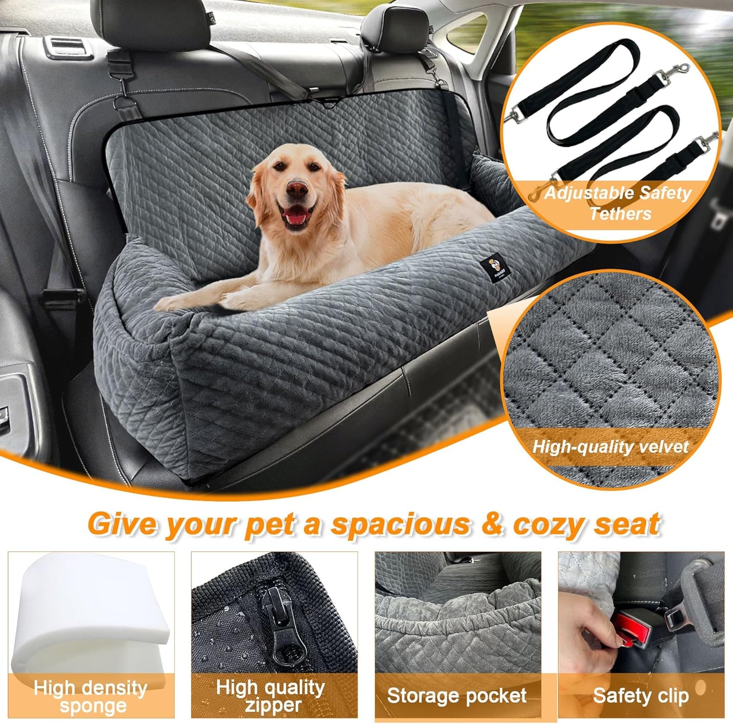 Large Dog Car Seat Under 100LBS,Dog Car Bed with Safety Tethers/Storage Pocket,Only for Back Seat-Gray