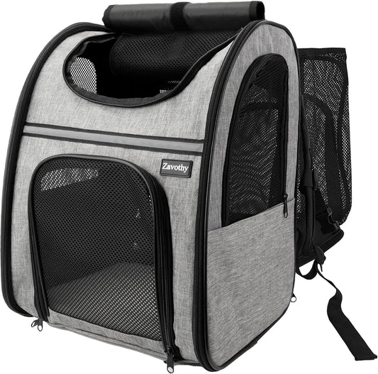 Zavothy Expandable Pet Backpack Carrier for Small Cats & Dogs, Airline Approved Travel Bag with Mesh Windows, Expandable Space, Padded Bottom, Foldable Design (Black/Grey)