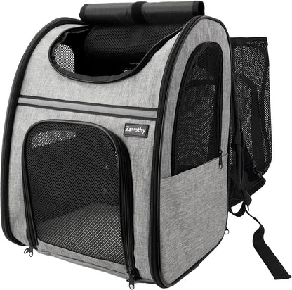 Zavothy Expandable Pet Backpack Carrier for Small Cats & Dogs, Airline Approved Travel Bag with Mesh Windows, Expandable Space, Padded Bottom, Foldable Design (Black/Grey)