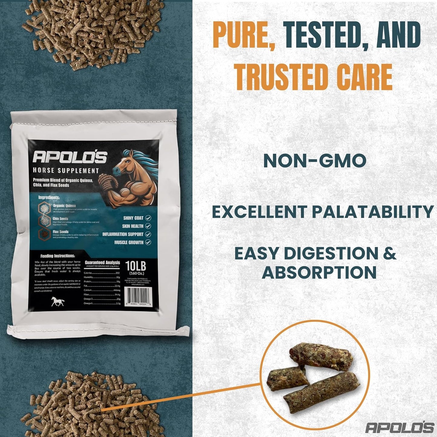 Greenfit APOLO'S 100% Natural Horse Supplement for Daily Feeding – Joint Support, Coat Shine & Strength | Flaxseed, Quinoa, Chia | 10 LB Bag