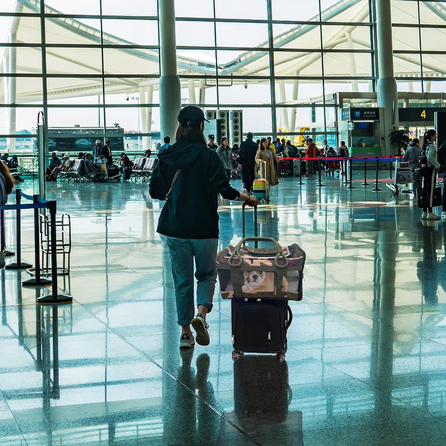 FLUFFY COMMUTE™ TSA Airline Approved Dog Carrier | Soft-Sided | Fits Small Dogs & Pets Up to 15 lbs & 17” Long × 11” Tall | Camo w/Green Handle