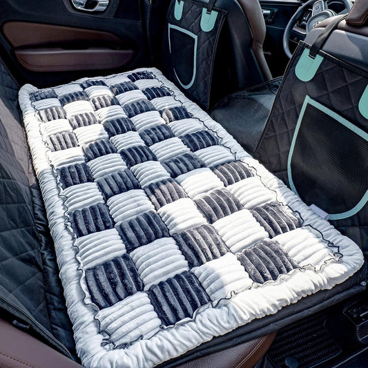 Back Seat Pet Bed Mat, Dog Car Bed for Large Dogs, Deluxe Plush Travel Beds with Anti-Slip Bottom, Custom Fit for Backseat Extenders and Seat Covers (Gray+White)