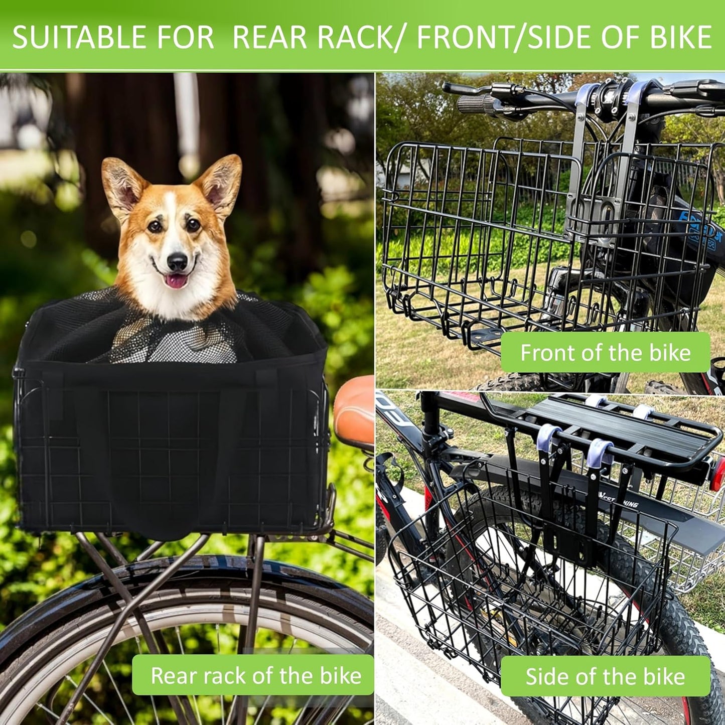 Bike Basket Suit for Front/Rear/Side of Bicycle with Removable Liner Bag, Dog Bike Basket Carrier for Travel, Large Size Basket More Storage, Ebike Accessoriest for Pets, Fruit & Grocery