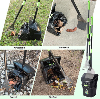 Dog Pooper Scooper, Long Handle Adjustable Metal Swivel Bin & Rake & Spade Kit with 20 Waste Bags, Portable Heavy Duty Dog Poop Scooper for Gravel Lawn, Suit for Small Medium Large Dog