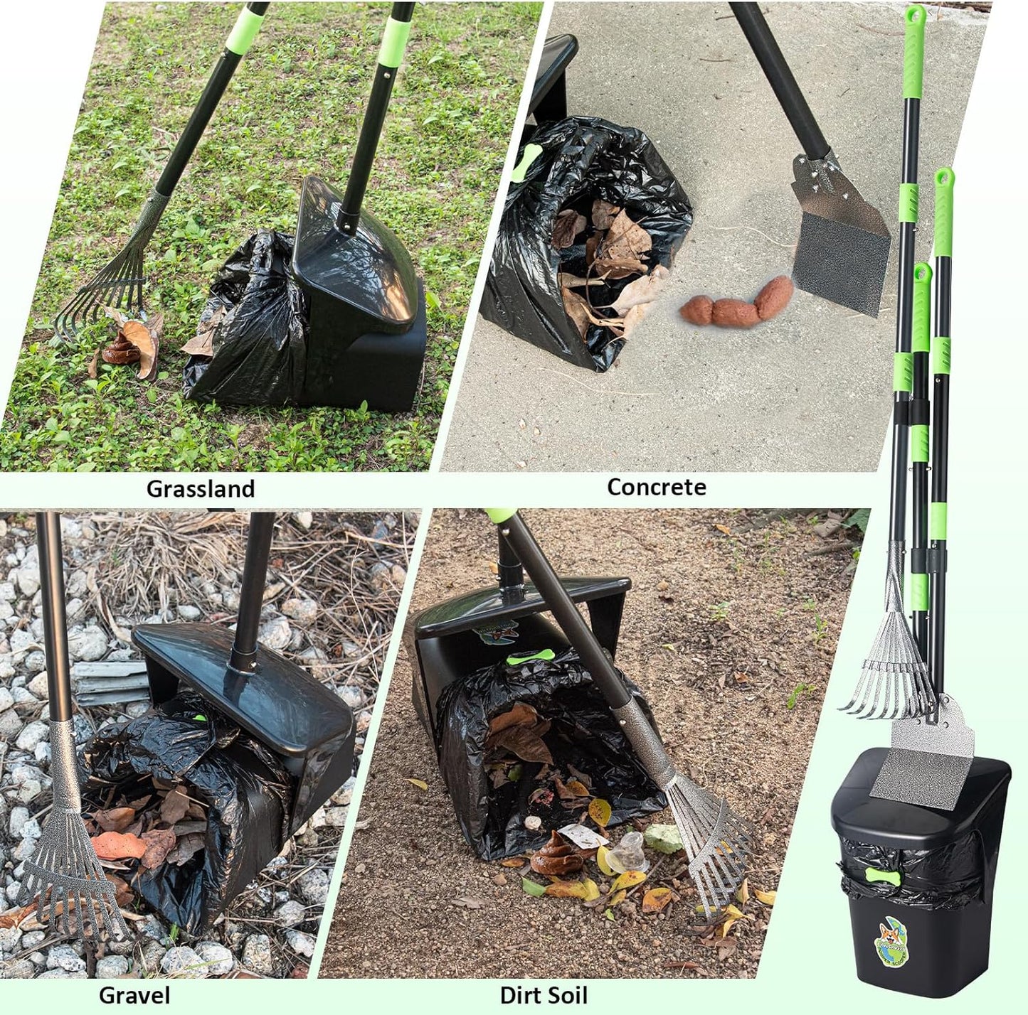 Dog Pooper Scooper, Long Handle Adjustable Metal Swivel Bin & Rake & Spade Kit with 20 Waste Bags, Portable Heavy Duty Dog Poop Scooper for Gravel Lawn, Suit for Small Medium Large Dog