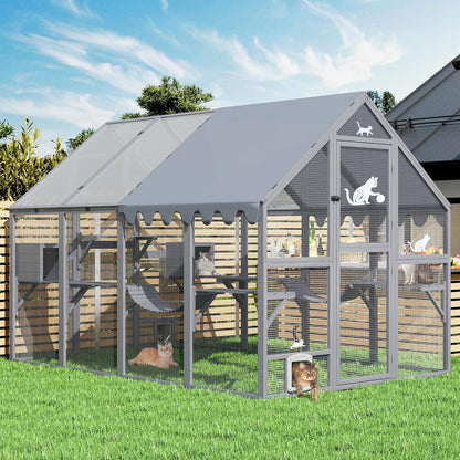 COZIWOW 110" Large Catio Outdoor Cat Enclosure, 53.5ft² Cat Run for Multiple Pets with Fully-Coverd Roof, Window Walk-in Wooden Outside Cattery Feral Kitty House (Modern Grey)