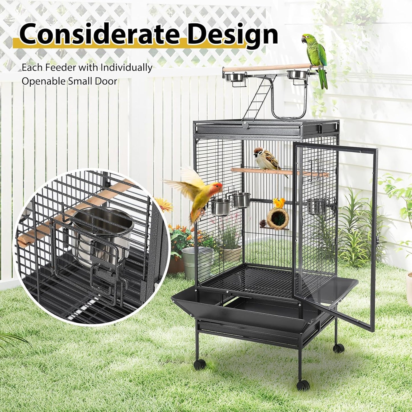 65 Inch Playtop Wrought Iron Large Parrot Bird Cages with Rolling Stand,4 Stainless Steel Bowls,Slide-Out Tray for Cockatiels Quaker Conure Parakeet Lovebird Finch Canary Small Medium Parrot Cage