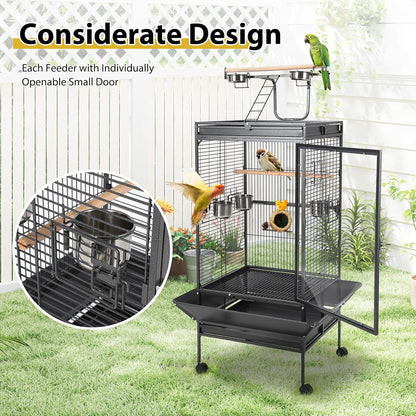 65 Inch Playtop Wrought Iron Large Parrot Bird Cages with Rolling Stand,4 Stainless Steel Bowls,Slide-Out Tray for Cockatiels Quaker Conure Parakeet Lovebird Finch Canary Small Medium Parrot Cage