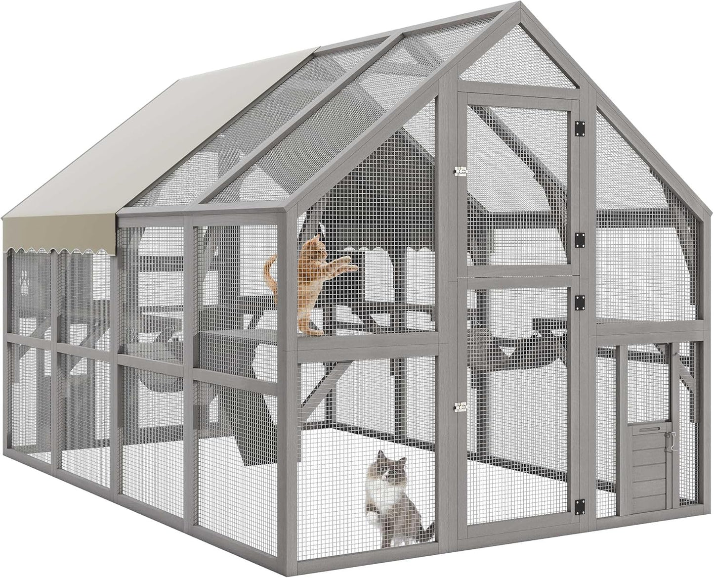 DWVO Extra Large Catio Outdoor Cat Enclosure, 110 inch Outside Cattery with Weatherproof Roof, Cat Scratcher Ramp, Cat Space Capsule Bed, 2 Bridges, 2 Resting Houses, 7 Platforms