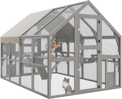 DWVO Extra Large Catio Outdoor Cat Enclosure, 110 inch Outside Cattery with Weatherproof Roof, Cat Scratcher Ramp, Cat Space Capsule Bed, 2 Bridges, 2 Resting Houses, 7 Platforms
