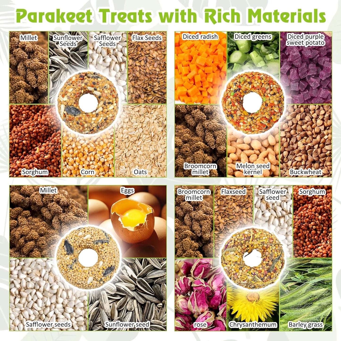 kathson Parakeet Treats, 8 Pcs Donut Shaped Bird Snacks, Grain Fruits Vegetables Herbs Mixed Parrot Treats, Natural Cockatiel Food for Conure Budgie Canary Chewing