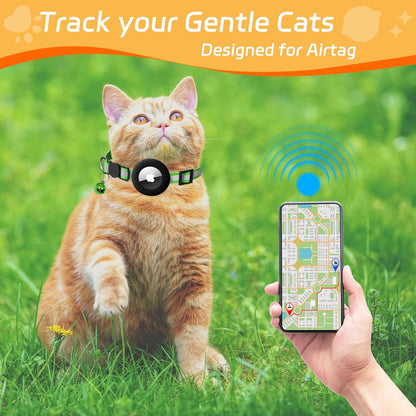 Cat Collar with Air Tag Holder, Reflective Kitten Collar with Bell, Breakaway Airtag Cat Collar for Boys Girls Cats, GPS Tracker for Cats 0.4’’ Width Adjustable Safe Kitty Collar, Light Green