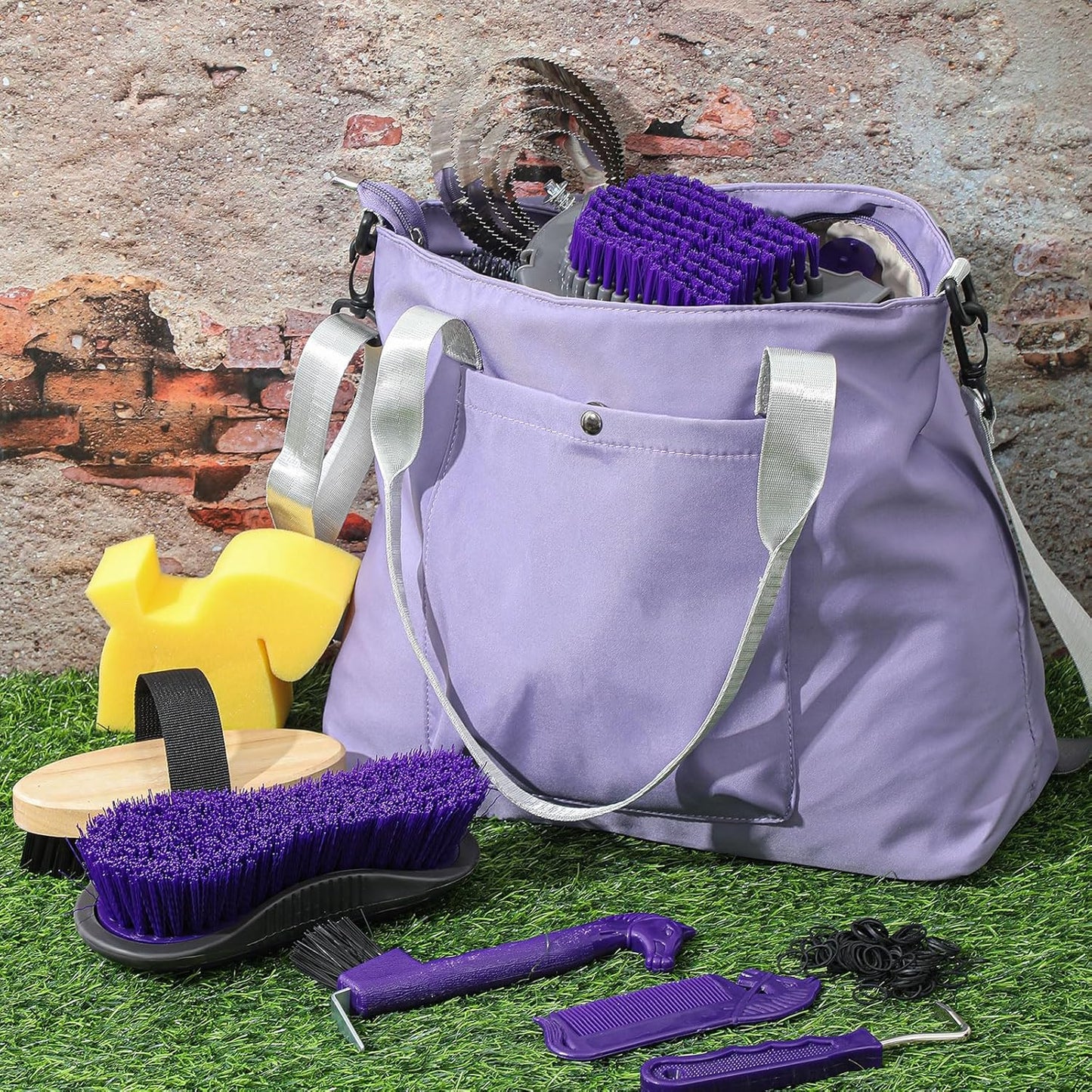 Abbylike 15 Pieces Horse Grooming Kit with Organizer Tote Bag Tack Room Supplies Horse Brush Sets Care Equine Cleaning Kit Shedding Grooming Massaging Tools(Purple and Grey)