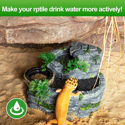 500ML Reptile Waterfall Fountain, Reptile Water Drinking Fountain for Bearded Dragons, Geckos & Lizards – Terrarium Waterfall with Feeding Bowl, Flowing Water, Natural Resin