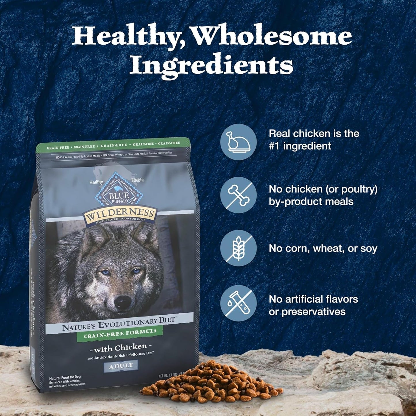 Blue Buffalo Wilderness Adult High-Protein Dry Dog Food with Real Chicken, Grain-Free, Made in The USA with Natural Ingredients, Chicken, 13-lb. Bag