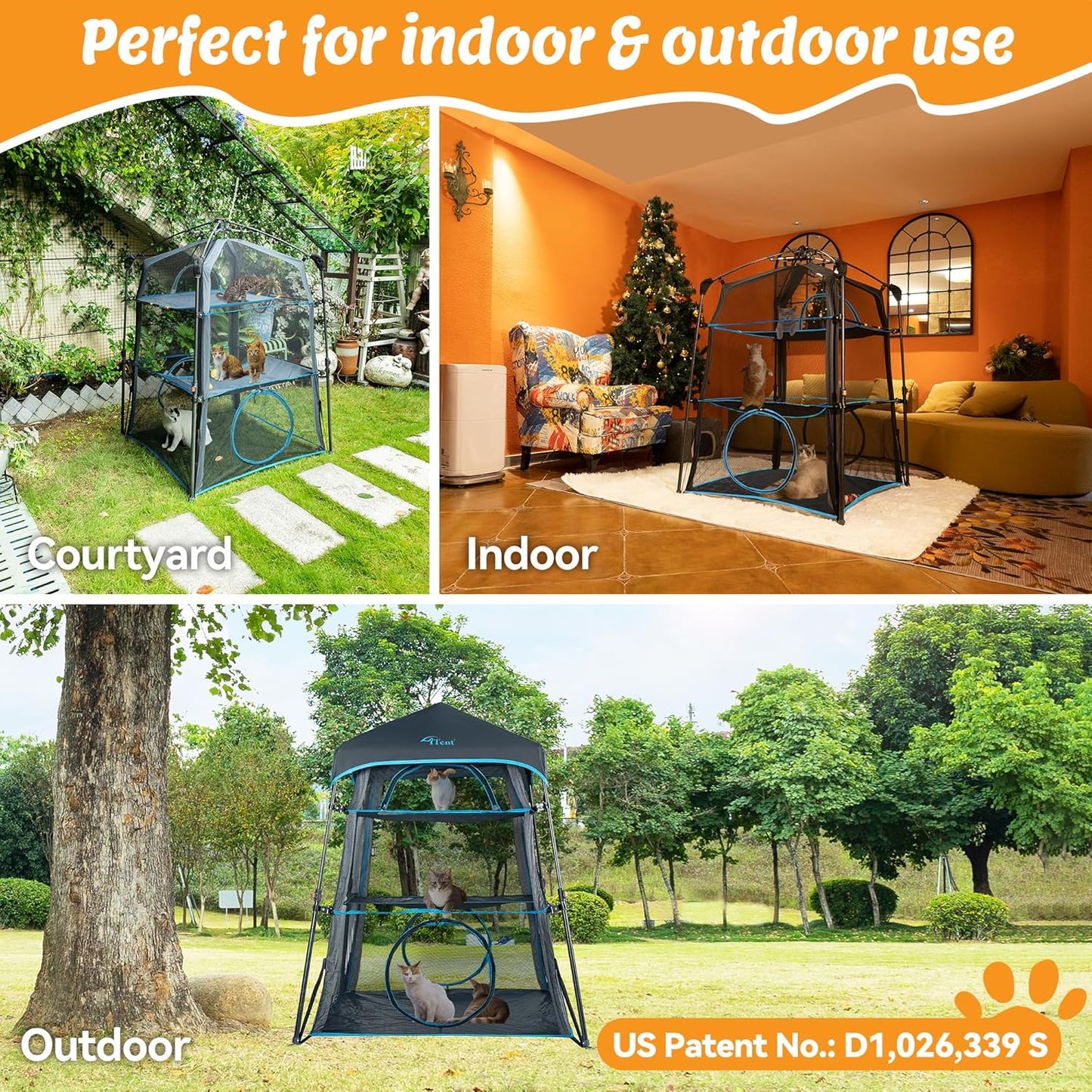 X-Large Catio Outdoor Cat Enclosure,3 Tier Cat Tower Tent Weatherproof & Sunproof with Waterproof Floor & 3 Doors, Foladable and Portable for Patio, Deck,Camping, Indoor & Outdoor(Patented)+3 Tu