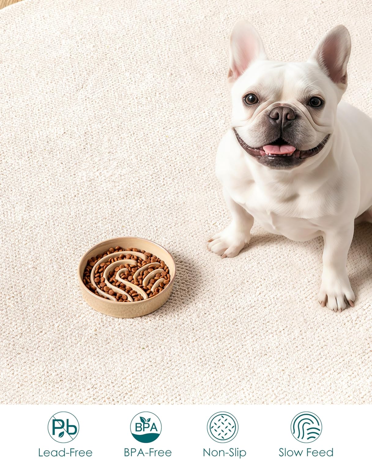 vancasso Slow Feeder Dog Bowl, 0.6 Cup Ceramic Slow Feeding Food Dish for Small Breed, Puzzle Dog Food Bowl for Fast Eater, Brown