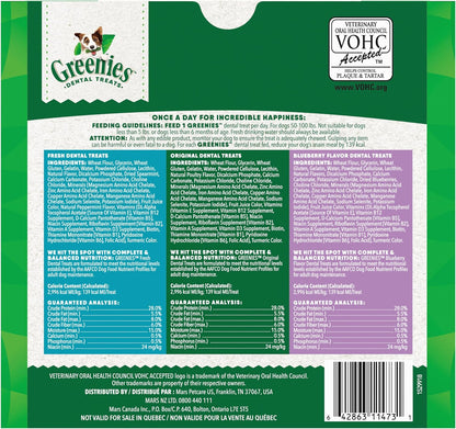 Greenies Veterinarian-Recommended Adult Natural Dental Dog Treats Large Size, Fresh Flavor, Original Flavor, and Blueberry Flavor, (3) 12 oz. Packs, 24 Count