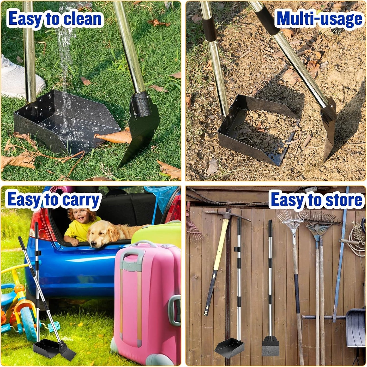 Dog Pooper Scooper,Tray and Spade Set Poop Scooper for Dogs, Adjustable Long Handle Metal Pooper Scooper with Bin for Pet Waste Removal, No Bending Clean Up for Medium and Large Dogs