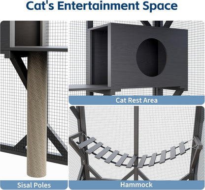 70 Inch Outdoor Walk-in Cat Enclosure with Window, Waterproof Roof Cattery with Bridge and Scratching Post Outdoor Patio Cat Playpen, Grey