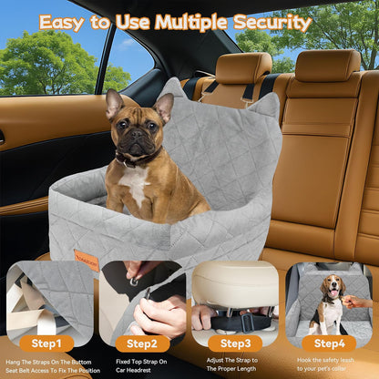 Dog Car Seat for Small/Medium Dogs Up to 35lbs,Elevated Cushion Fits in Front/Back Seat,Travel Safety Per Car Bed with Washable Removable Cover, Storage 2 Pockets Grey