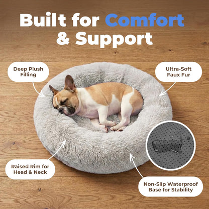 Best Pet Supplies Round Calming Dog Bed for Small, Medium & Large Dogs, Plush Donut Cuddler Pet Bed w/Raised Rim for Head, Neck Support, Anti-Slip Bottom Washable Bed - Light Warm Gray, 24 x 24 x 7