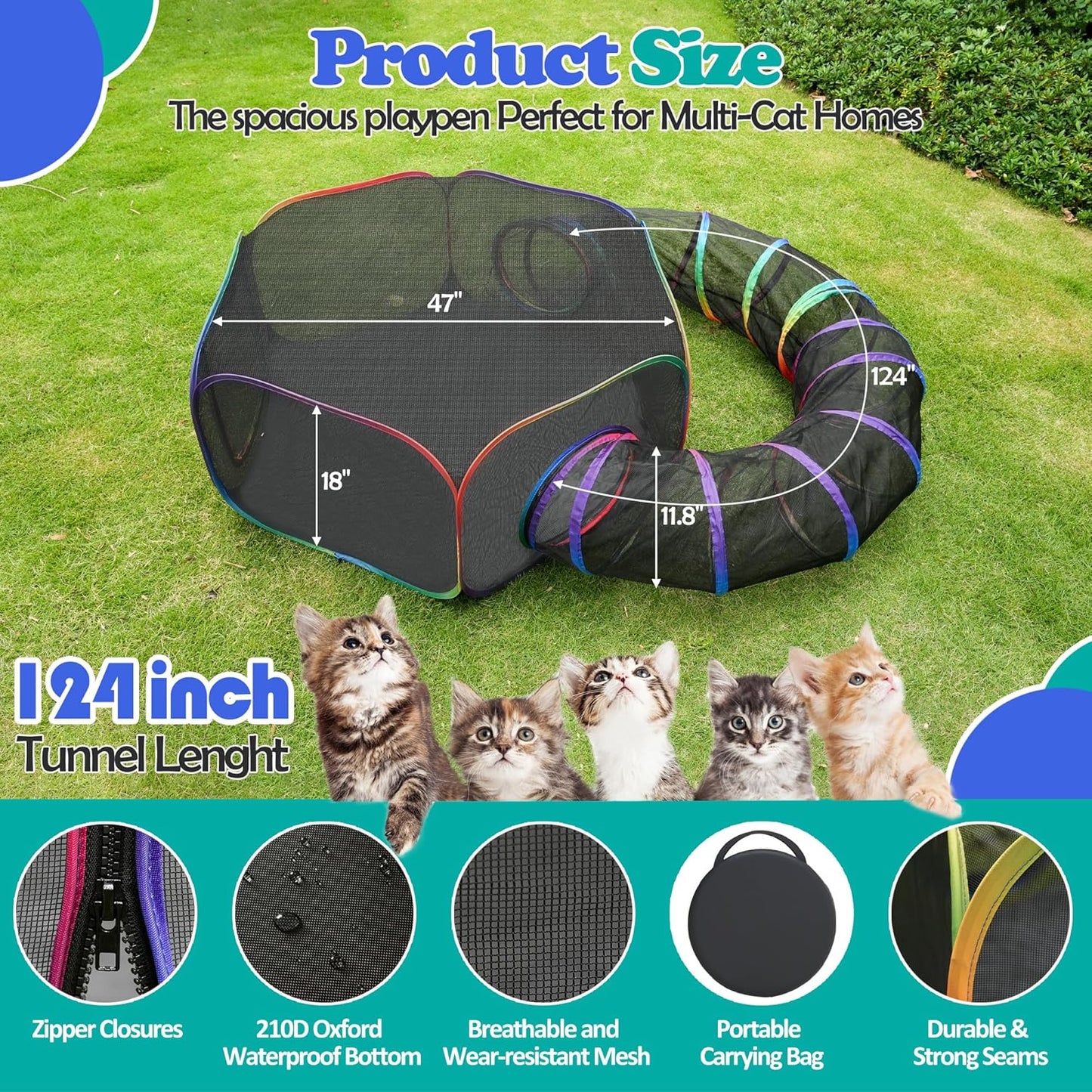 Outdoor Cat Enclosures, Portable Rainbow Catio Playground with Storage Bag & 4 Tent Stakes for Cats and Small Animals, Foldable Cat Playpen with Tunnel for Outside and Indoor Play