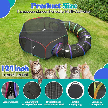 Outdoor Cat Enclosures, Portable Rainbow Catio Playground with Storage Bag & 4 Tent Stakes for Cats and Small Animals, Foldable Cat Playpen with Tunnel for Outside and Indoor Play