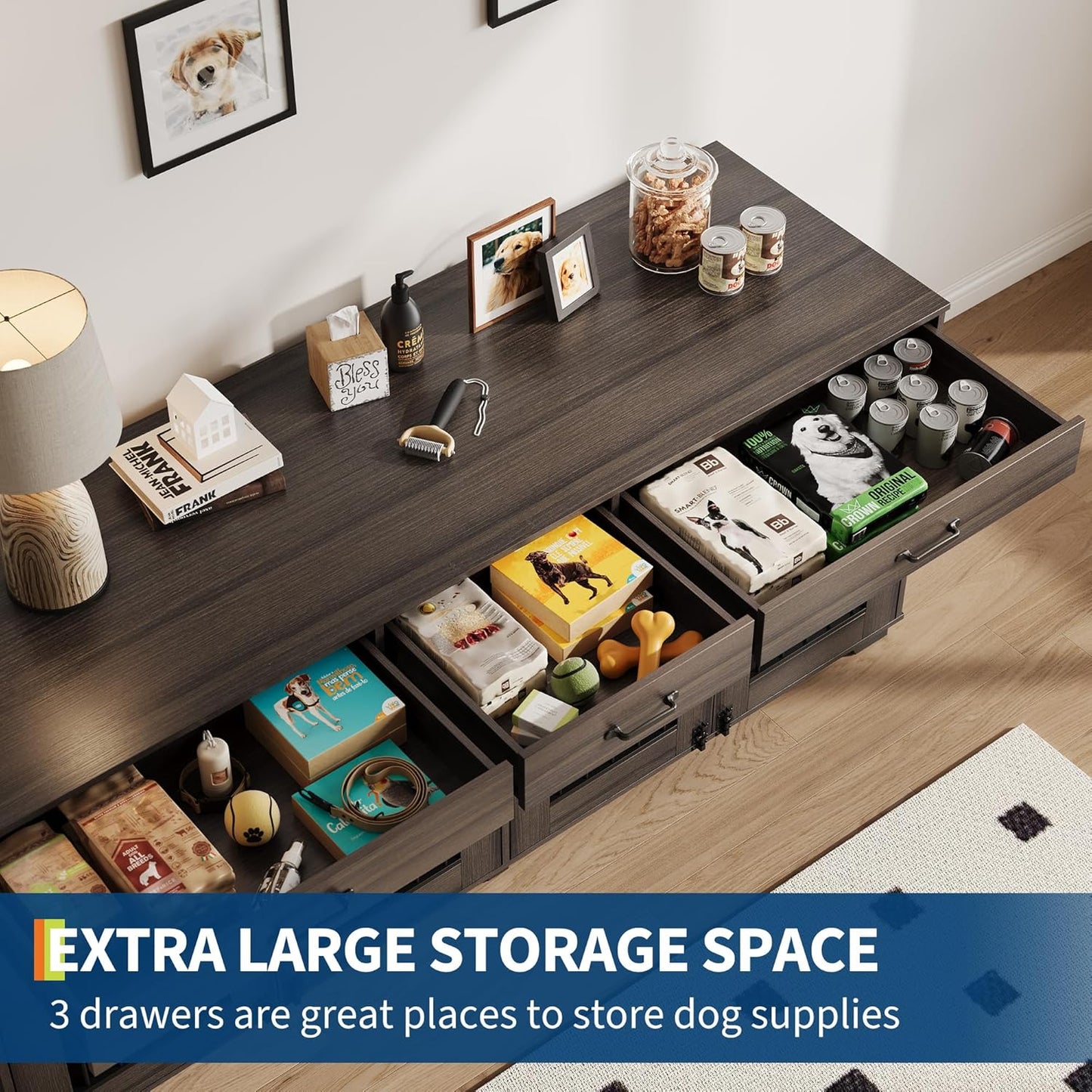 71'' Dog Crate Furniture, Large Indoor Rustic Dog Kennel with Removable Divider, 3 Storage Drawers, End Table for 2 Large Medium Dogs, Wooden Indoor Pet Crate, Walnut